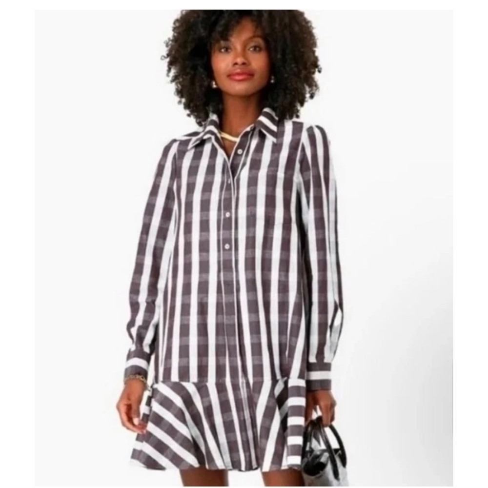 Tuckernuck Women Check Callahan Shirt Dress XL Cotton Linen Ruffle Hem Preppy